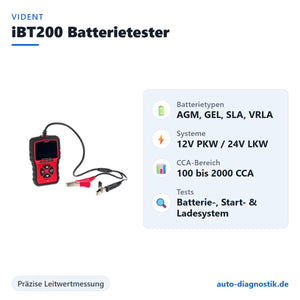Vident iBT200 Batterietester mit Übersicht der wichtigsten Funktionen