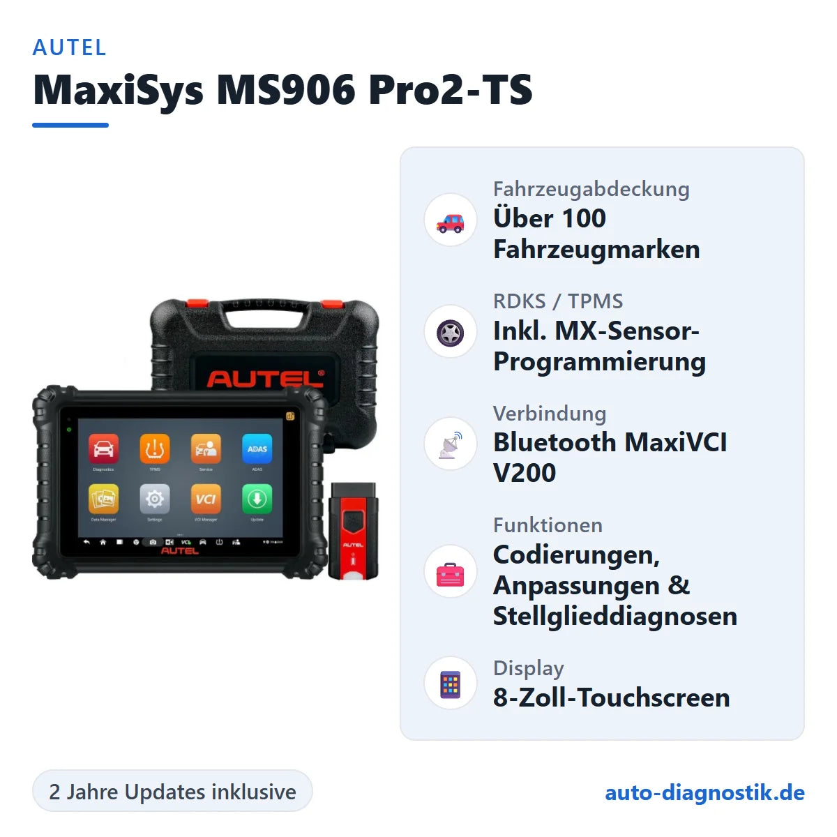 Autel MaxiSys MS906 Pro2-TS mit Übersicht der wichtigsten Funktionen