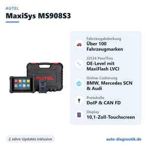 Autel MaxiSys MS908S3 mit Übersicht der wichtigsten Funktionen