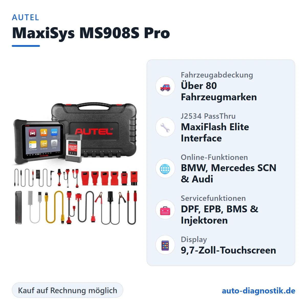Autel MaxiSys MS908S Pro mit Übersicht der wichtigsten Funktionen