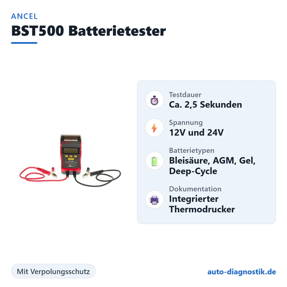 Ancel BST500 Batterietester mit Übersicht der wichtigsten Funktionen
