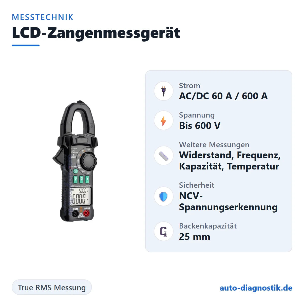 LCD-Zangenmessgerät True RMS mit Übersicht der wichtigsten technischen Daten