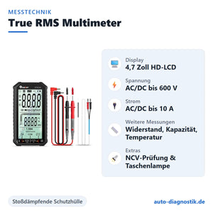 Digitales True RMS Multimeter mit Übersicht der wichtigsten technischen Daten