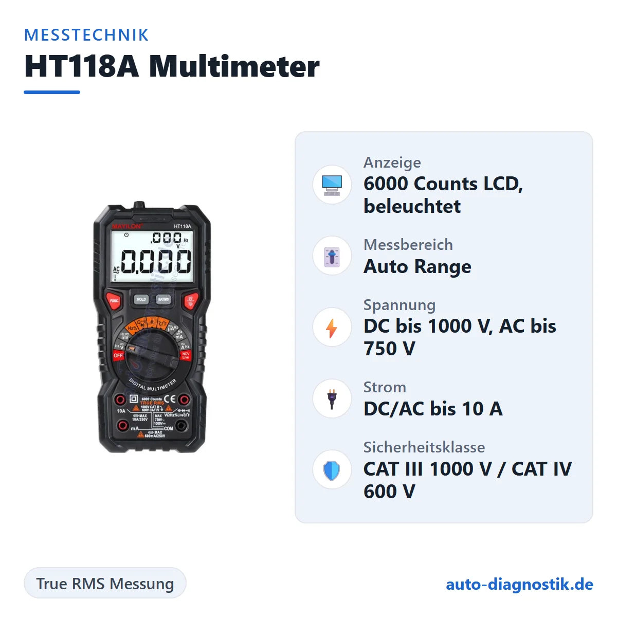 HT118A Digital Multimeter mit Übersicht der wichtigsten technischen Daten