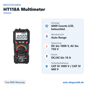 HT118A Digital Multimeter mit Übersicht der wichtigsten technischen Daten