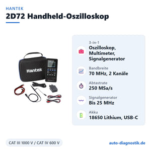 Hantek 2D72 Handheld-Oszilloskop mit Übersicht der wichtigsten technischen Daten