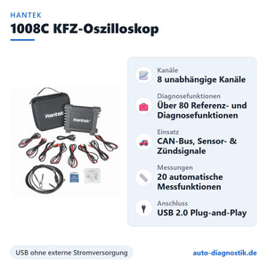 Hantek 1008C KFZ-Oszilloskop mit Übersicht der wichtigsten technischen Daten