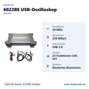 Hantek 6022BE USB-Oszilloskop mit Übersicht der wichtigsten technischen Daten