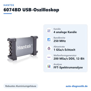 Hantek 6074BD USB-Oszilloskop mit Übersicht der wichtigsten technischen Daten