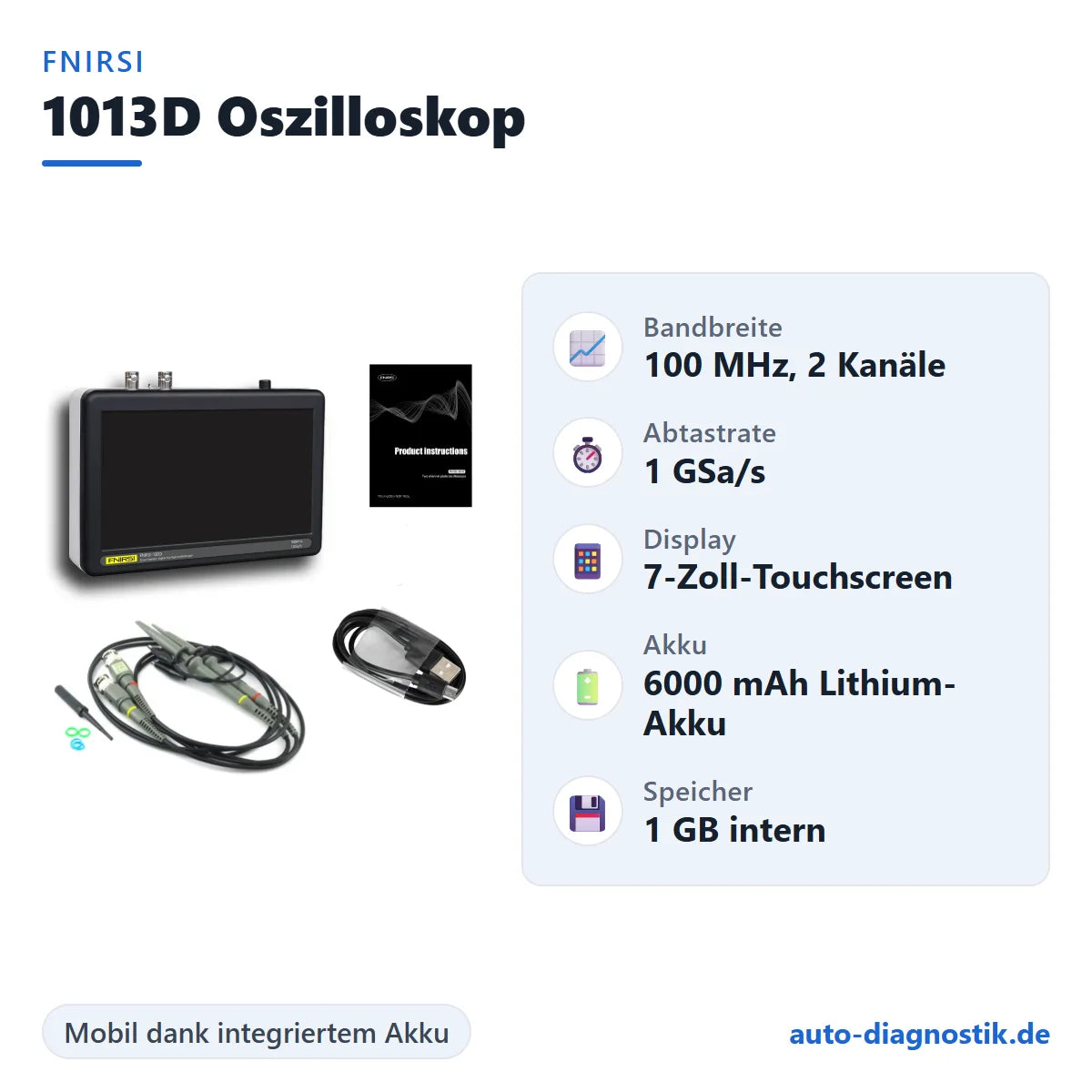 FNIRSI 1013D Oszilloskop mit Übersicht der wichtigsten technischen Daten
