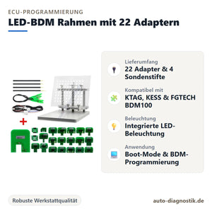 LED-BDM Rahmen mit 22 Adaptern mit Übersicht der wichtigsten Eigenschaften