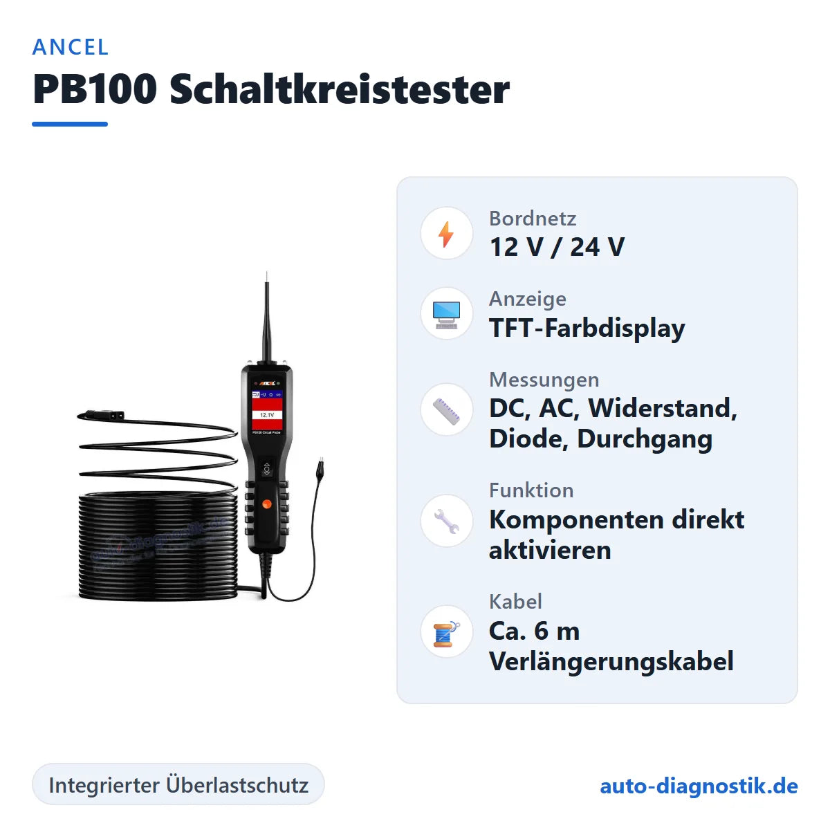 Ancel PB100 Schaltkreistester mit Übersicht der wichtigsten Funktionen
