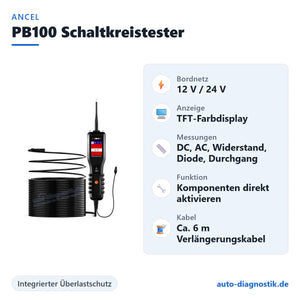 Ancel PB100 Schaltkreistester mit Übersicht der wichtigsten Funktionen