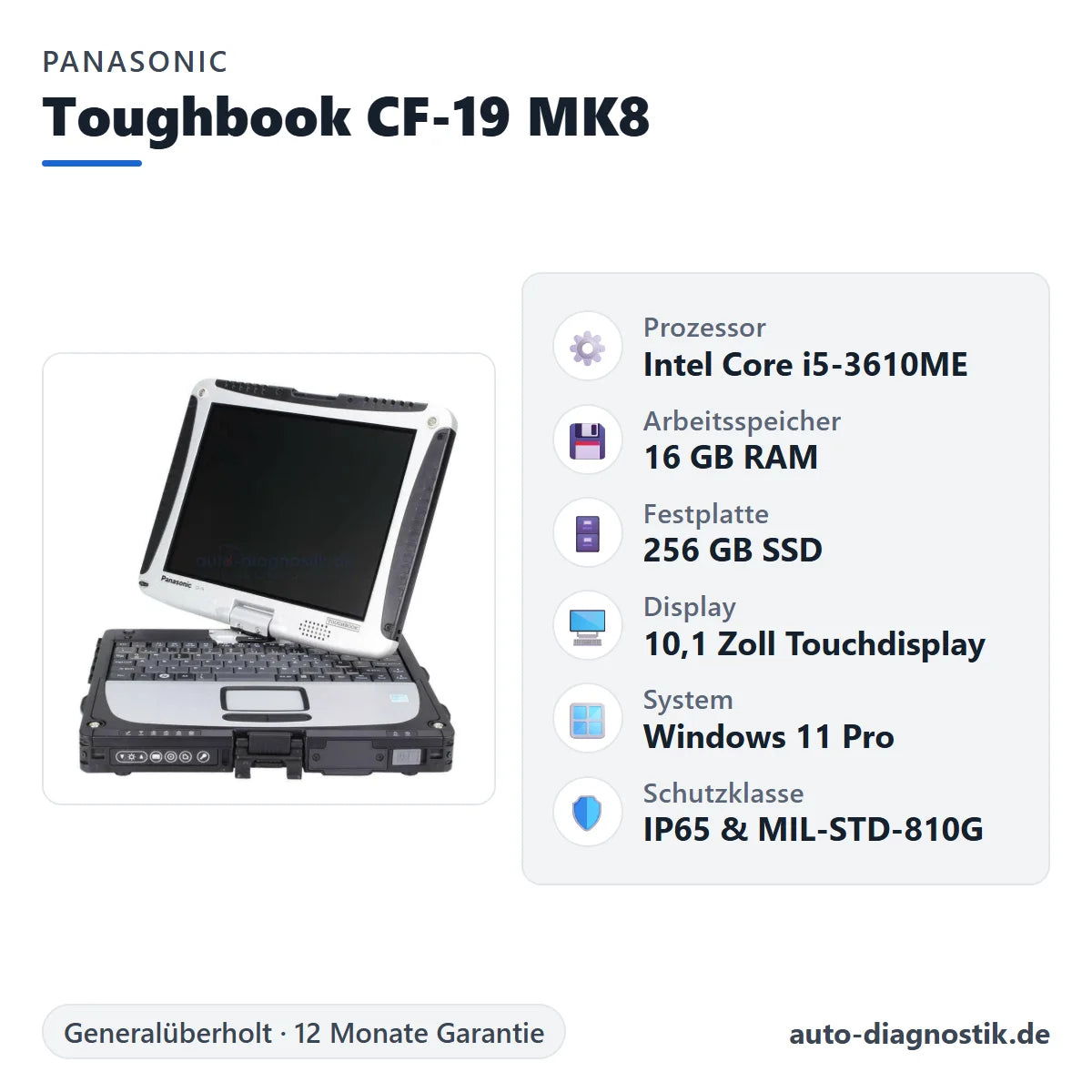 Panasonic Toughbook CF-19 MK8 mit Übersicht der wichtigsten technischen Daten