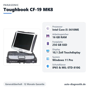 Panasonic Toughbook CF-19 MK8 mit Übersicht der wichtigsten technischen Daten