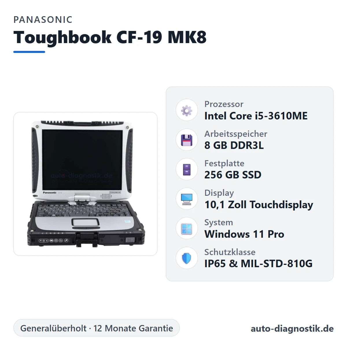 Panasonic Toughbook CF-19 MK8 mit Übersicht der wichtigsten technischen Daten