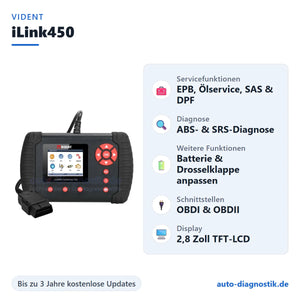 Vident iLink450 Diagnosegerät mit Übersicht der wichtigsten Funktionen