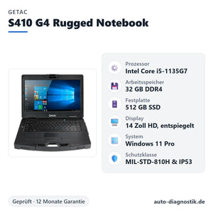 Getac S410 G4 Rugged Notebook mit Übersicht der wichtigsten technischen Daten