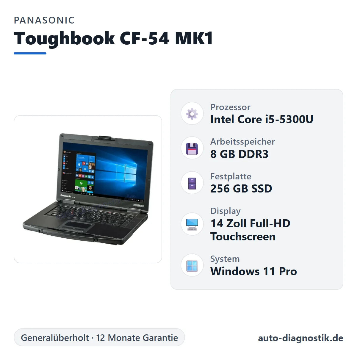 Panasonic Toughbook CF-54 MK1 mit Übersicht der wichtigsten technischen Daten