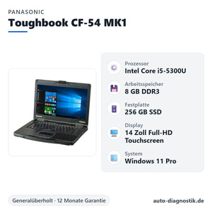 Panasonic Toughbook CF-54 MK1 mit Übersicht der wichtigsten technischen Daten