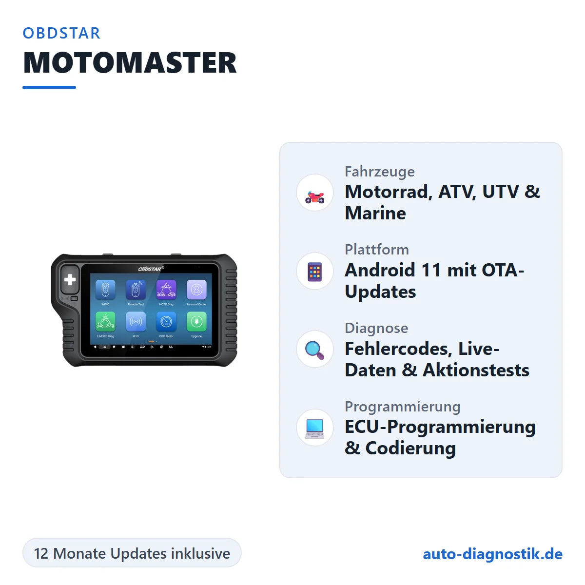 OBDSTAR MOTOMASTER Motorrad-Diagnosegerät mit Übersicht der wichtigsten Funktionen