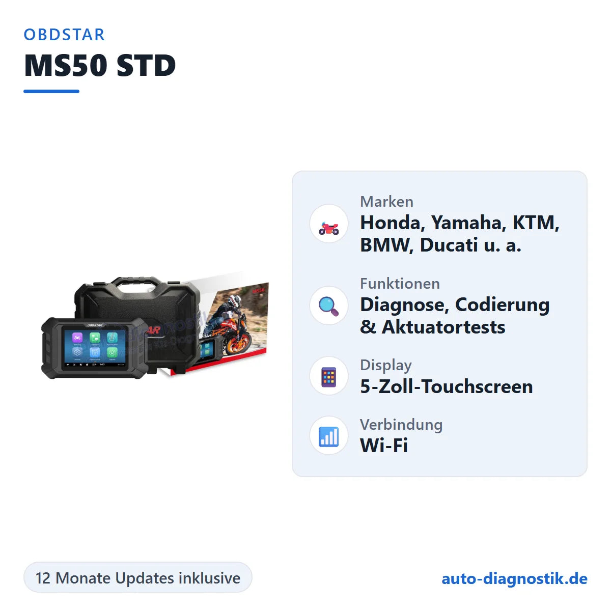 OBDSTAR MS50 STD Motorrad-Diagnosegerät mit Übersicht der wichtigsten Funktionen