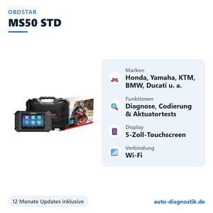 OBDSTAR MS50 STD Motorrad-Diagnosegerät mit Übersicht der wichtigsten Funktionen