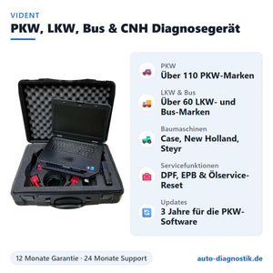 Profi-Diagnosegerät für PKW, LKW, Bus und CNH-Baumaschinen mit Übersicht der wichtigsten Funktionen