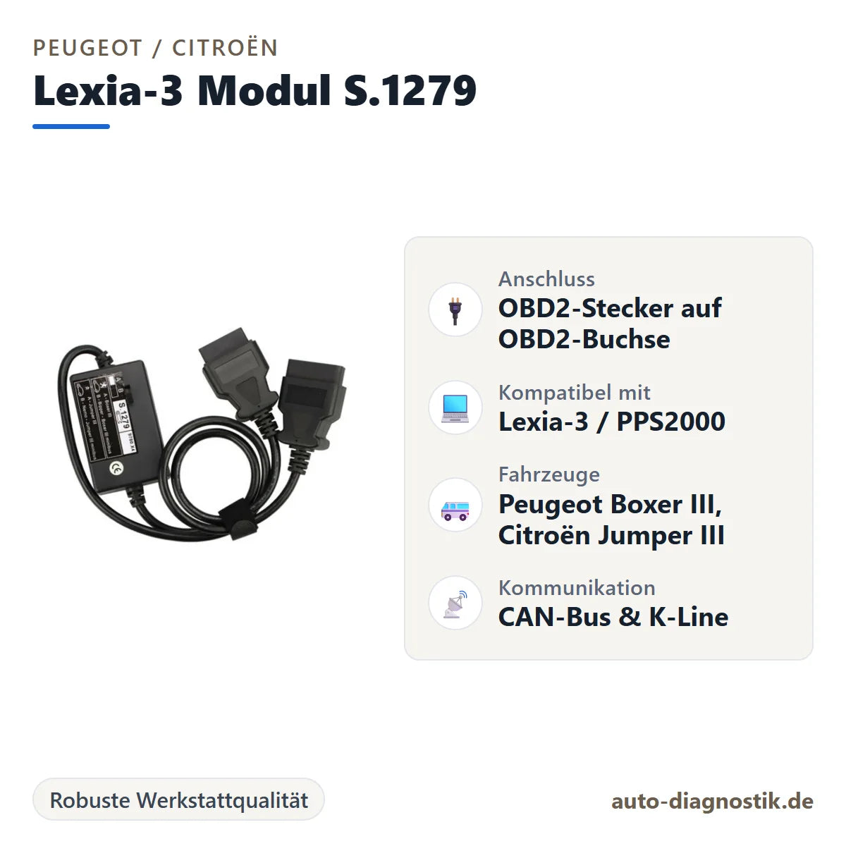 Lexia-3 Modul S.1279 OBD2-Adapterkabel mit Übersicht der wichtigsten Anschlüsse