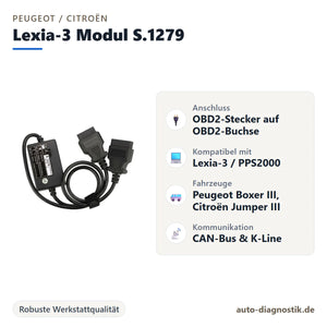 Lexia-3 Modul S.1279 OBD2-Adapterkabel mit Übersicht der wichtigsten Anschlüsse