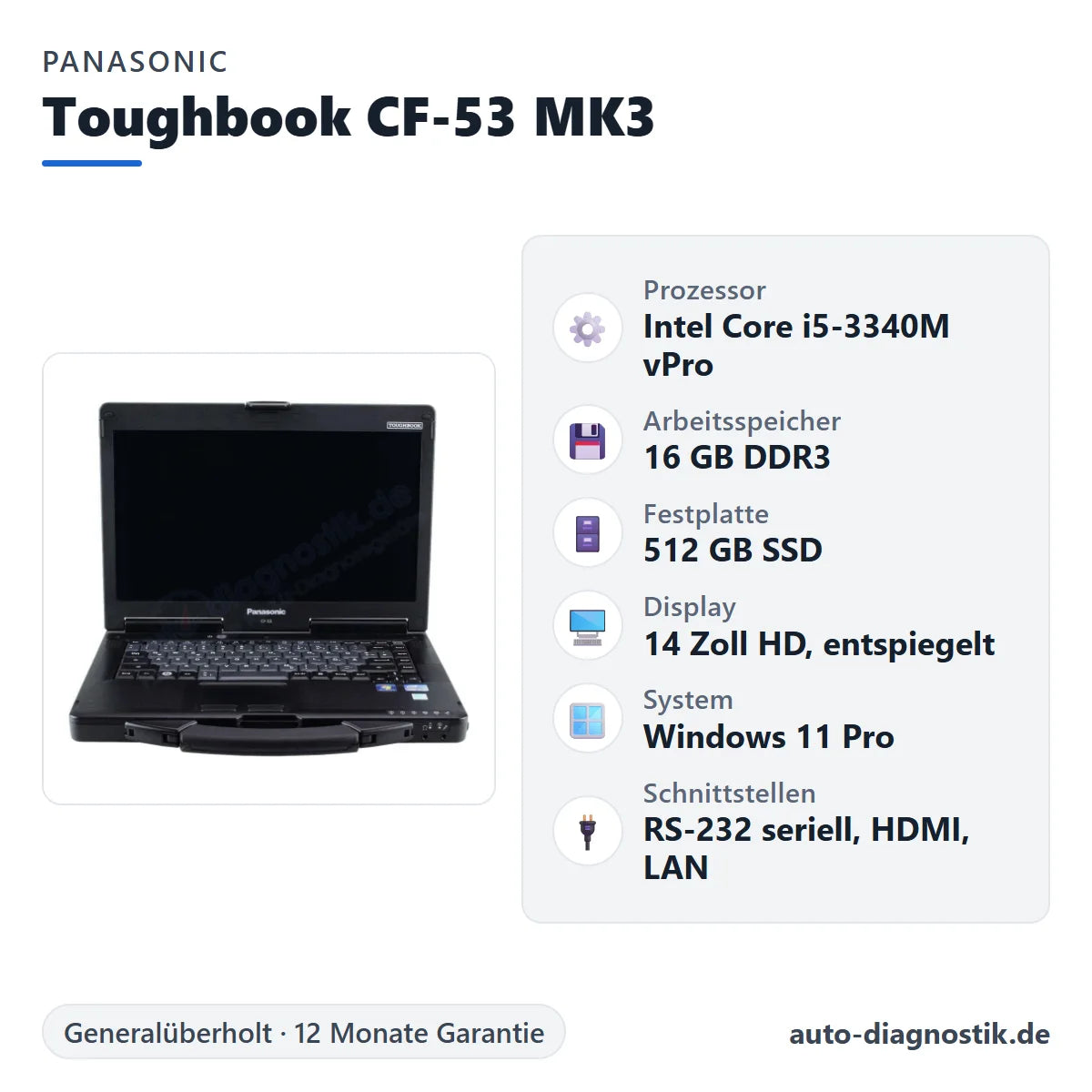 Panasonic Toughbook CF-53 MK3 mit Übersicht der wichtigsten technischen Daten