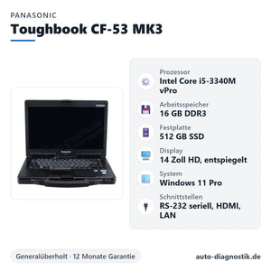 Panasonic Toughbook CF-53 MK3 mit Übersicht der wichtigsten technischen Daten