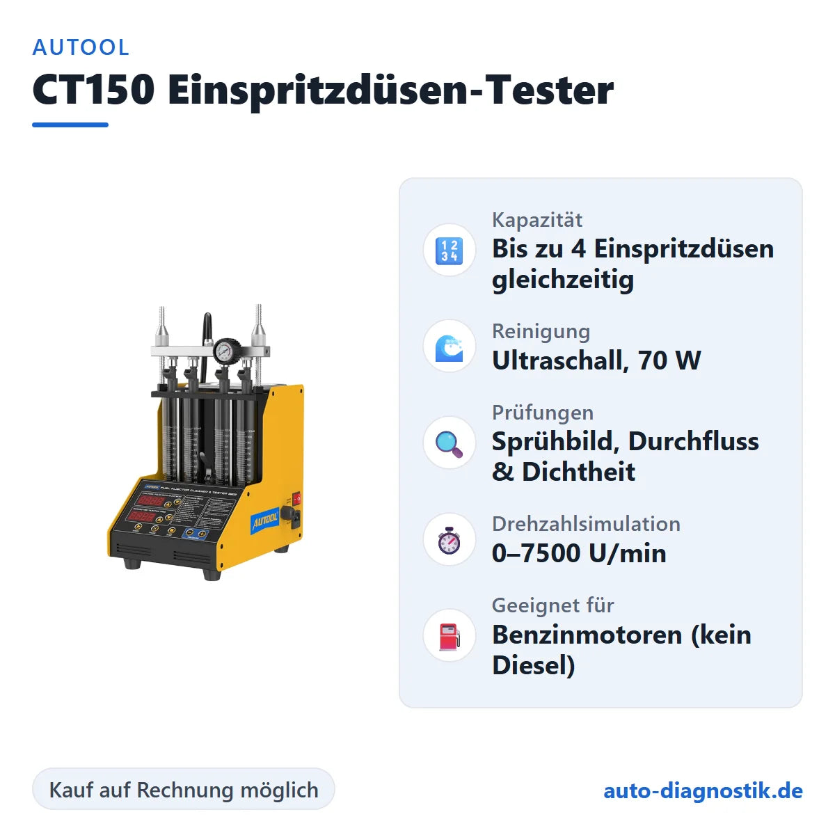 AUTOOL CT150 Einspritzdüsen-Tester mit Übersicht der wichtigsten Funktionen
