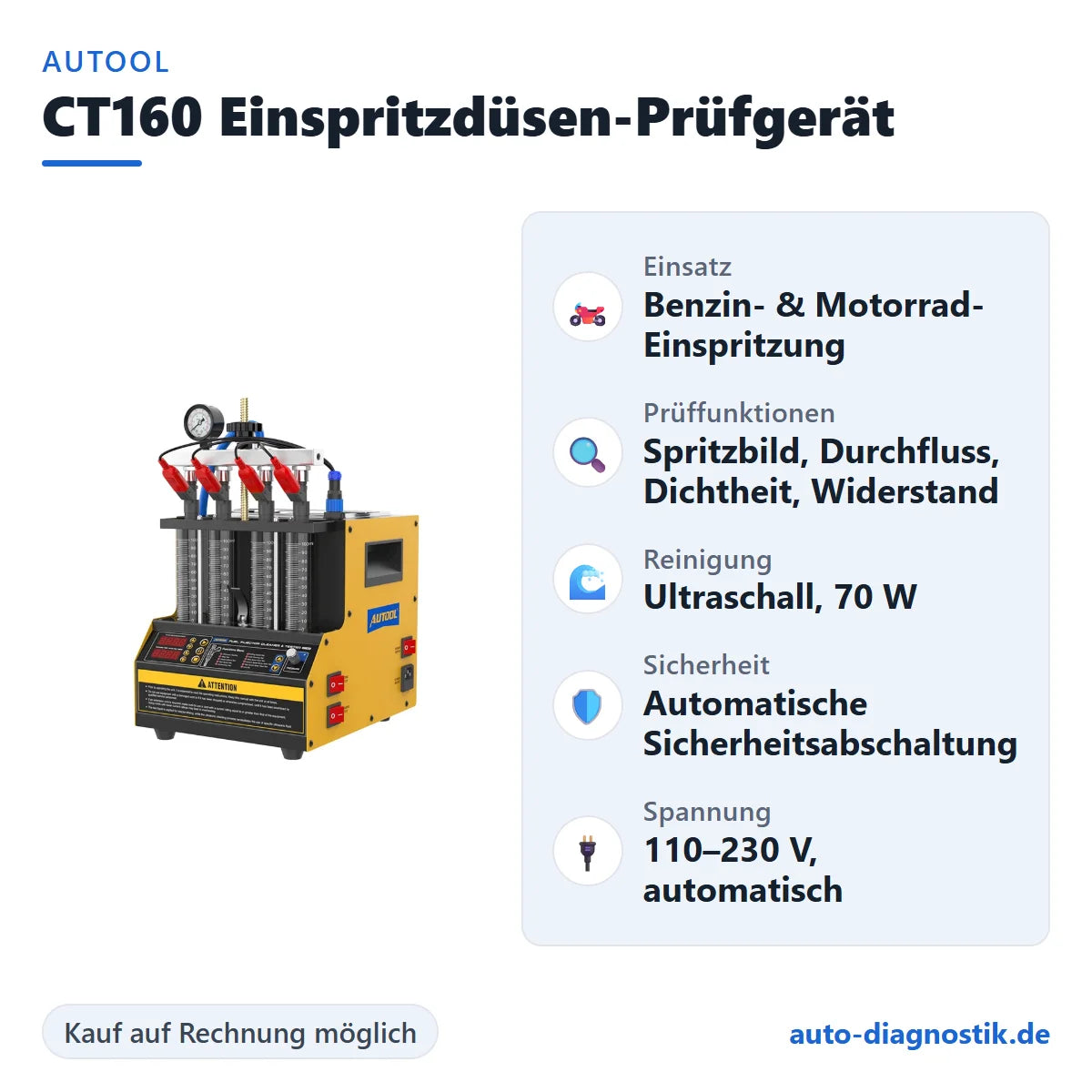AUTOOL CT160 Einspritzdüsen-Prüfgerät mit Übersicht der wichtigsten Funktionen