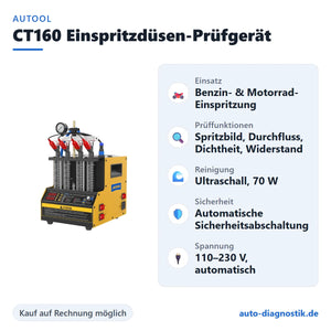 AUTOOL CT160 Einspritzdüsen-Prüfgerät mit Übersicht der wichtigsten Funktionen
