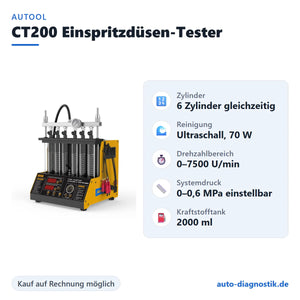 AUTOOL CT200 Einspritzdüsen-Tester mit Übersicht der wichtigsten Funktionen