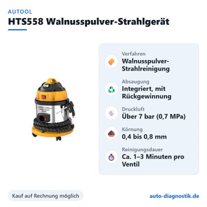 AUTOOL HTS558 Walnusspulver-Strahlgerät mit Übersicht der wichtigsten Funktionen