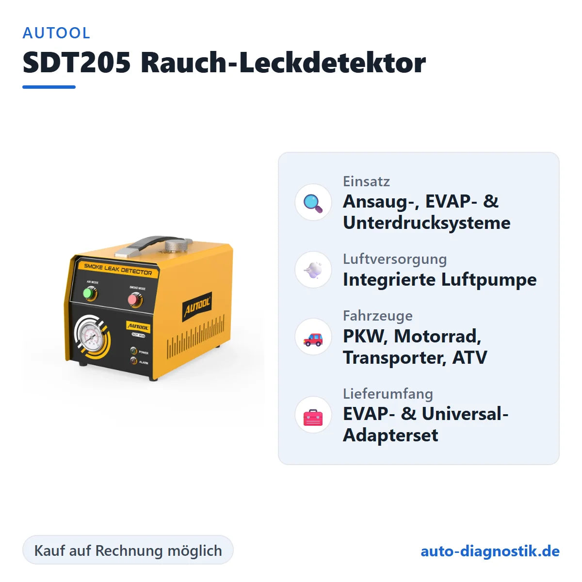 AUTOOL SDT205 Rauch-Leckdetektor mit Übersicht der wichtigsten Funktionen