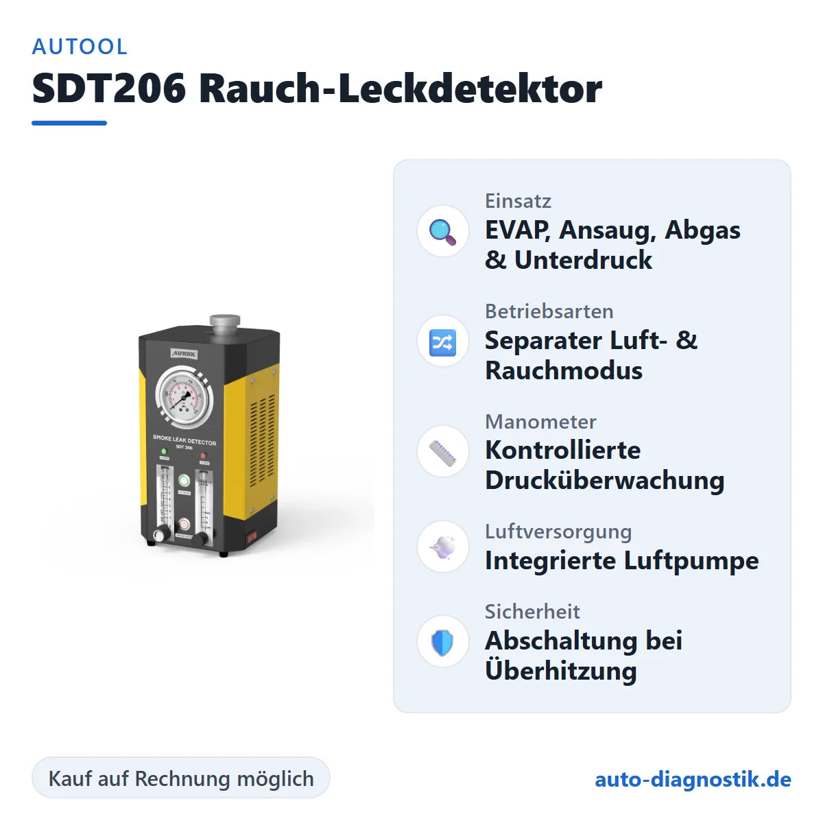 AUTOOL SDT206 Rauch-Leckdetektor mit Übersicht der wichtigsten Funktionen