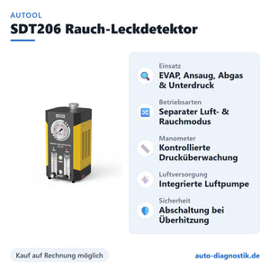 AUTOOL SDT206 Rauch-Leckdetektor mit Übersicht der wichtigsten Funktionen