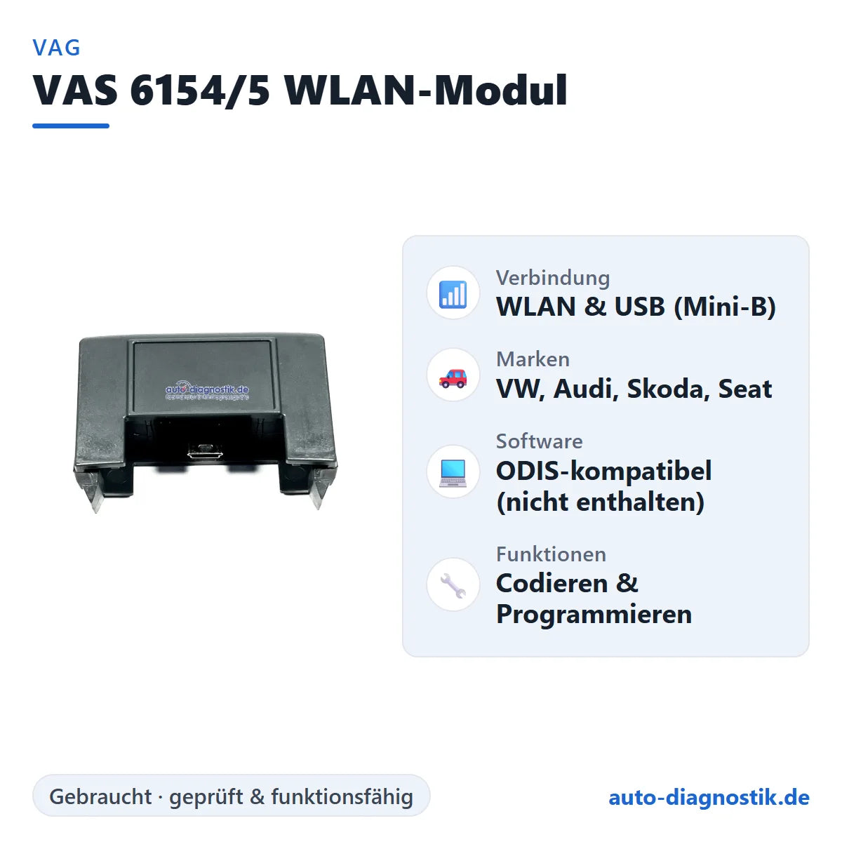 VAS 6154/5 WLAN-Diagnosemodul mit Übersicht der wichtigsten Funktionen