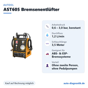 AUTOOL AST605 Bremsenentlüfter mit Übersicht der wichtigsten Funktionen