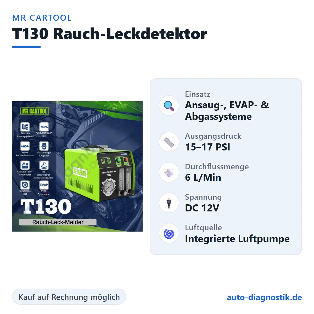 MR CARTOOL T130 Rauch-Leckdetektor mit Übersicht der wichtigsten Funktionen