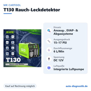 MR CARTOOL T130 Rauch-Leckdetektor mit Übersicht der wichtigsten Funktionen