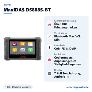 Autel MaxiDAS DS808S-BT mit Übersicht der wichtigsten Funktionen