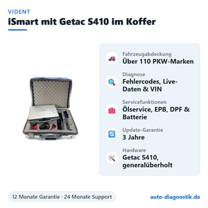 Vident iSmart Diagnosegerät mit Getac S410 und Transportkoffer mit Übersicht der wichtigsten Funktionen