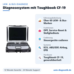 LKW- und Bus-Diagnosesystem mit Panasonic Toughbook CF-19 mit Übersicht der wichtigsten Funktionen