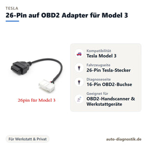 Tesla Model 3 Adapterkabel 26-Pin auf 16-Pin OBD2 mit Übersicht der wichtigsten Anschlüsse