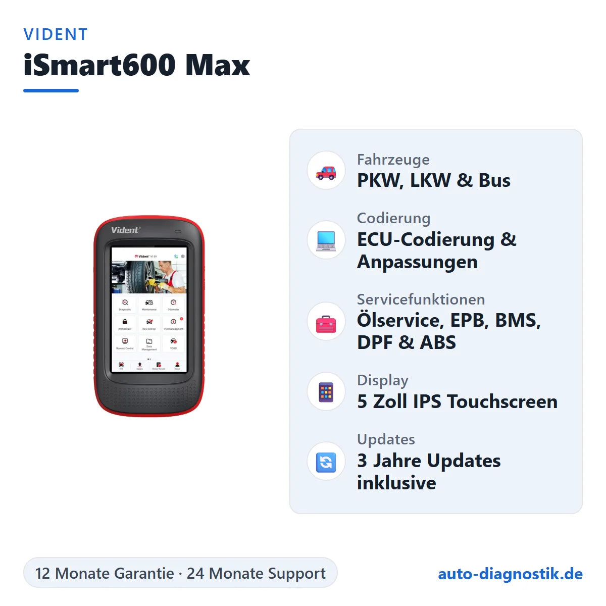 Vident iSmart600 Max mit Übersicht der wichtigsten Funktionen