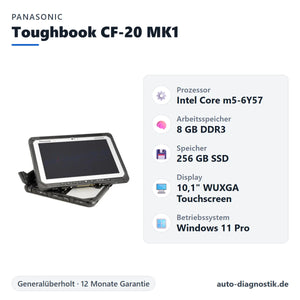 Panasonic Toughbook CF-20 MK1 mit Übersicht der wichtigsten technischen Daten